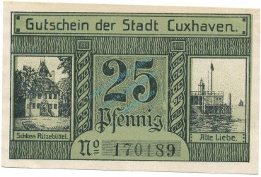 Preview: Cuxhaven , Notgeld 25 Pfennig Schein unc-kfr. Tieste 1255.15.05 NDS 1919 Verkehrsausgabe -4075-