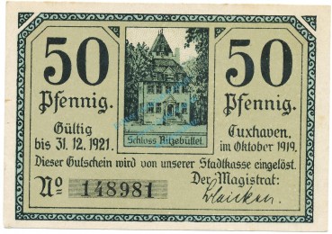 Cuxhaven , Notgeld 50 Pfennig Schein unc-kfr. Tieste 1255.15.06 NDS 1919 Verkehrsausgabe -4076-