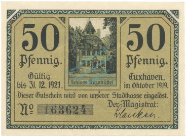 Cuxhaven , Notgeld 50 Pfennig Schein unc-kfr. Tieste 1255.15.11 NDS 1919 Verkehrsausgabe -4077-