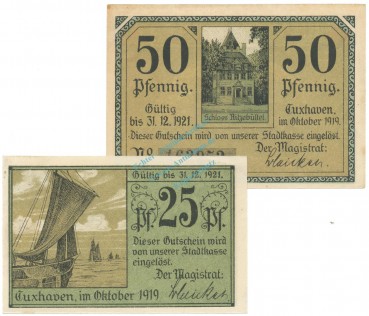 Notgeld Stadt Cuxhaven , Set mit 2 Scheinen in kfr. Tieste 1255.15.05-6 von 1919 , Niedersachsen Verkehrsausgabe