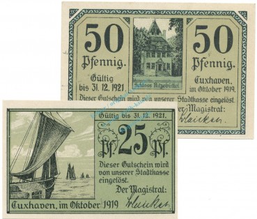 Cuxhaven , Notgeld Set mit 2 Scheinen unc-kfr. Tieste 1255.15.05-06 NDS 1919 Verkehrsausgabe -4074-
