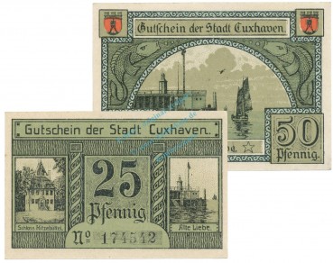 Preview: Cuxhaven , Notgeld Set mit 2 Scheinen unc-kfr. Tieste 1255.15.05-06 NDS 1919 Verkehrsausgabe -4074-