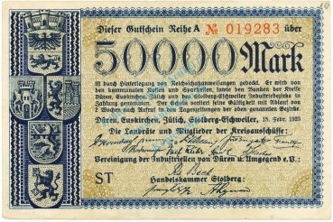 Düren , Banknote 50.000 Mark Schein L-gbr. Keller 1140... Rheinland 1923 Inflation