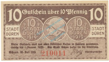 Düren , Notgeld 10 Pfennig Schein unc-kfr. Tieste 1530.10.55 , RHL 1919 Verkehrsausgabe -4069-
