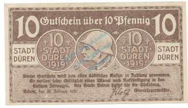 Düren , Notgeld 10 Pfennig Schein unc-kfr. Tieste 1530.10.60 RHL 1920 Verkehrsausgabe -4071-