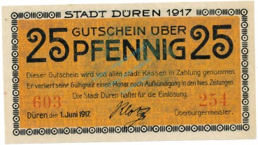 Düren , Notgeld 25 Pfennig -Achteckfluss- unc-kfr. Tieste 1530.10.30 , RHL 1917 Verkehrsausgabe -0107-