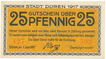 Düren , Notgeld 25 Pfennig Schein unc-kfr. Tieste 1530.10.20 , RHL 1917 Verkehrsausgabe -4068-