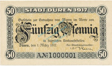 Düren , Notgeld 50 Pfennig Schein unc-kfr. Tieste 1530.10.05 RHL 1917 Verkehrsausgabe -4072-