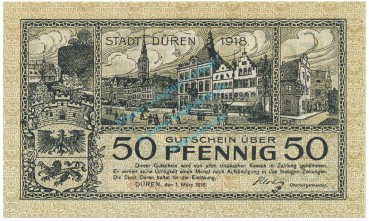 Düren , Notgeld 50 Pfennig Schein unc-kfr. Tieste 1530.10.45 RHL 1917 Verkehrsausgabe -4073-