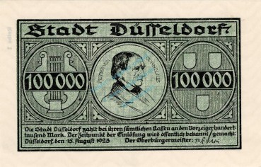 Düsseldorf , Banknote 100.000 Mark unc-kfr. Keller 1150.a , Rheinland 1923 Inflation