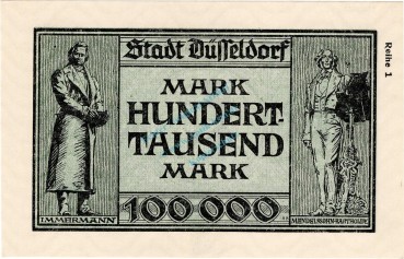 Preview: Düsseldorf , Banknote 100.000 Mark unc-kfr. Keller 1150.a , Rheinland 1923 Inflation