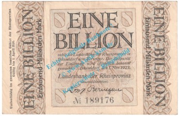 Düsseldorf , Notgeld 1 Billion Mark Schein in gbr. Keller 1166.cc , Rheinland 1923 Grossnotgeld Inflation