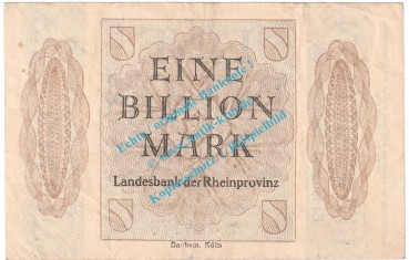 Preview: Düsseldorf , Notgeld 1 Billion Mark Schein in gbr. Keller 1166.cc , Rheinland 1923 Grossnotgeld Inflation