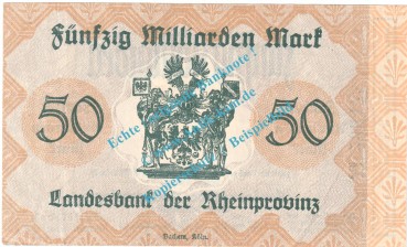 Preview: Düsseldorf , Notgeld 50 Milliarden Mark Schein in kfr. Keller 1166.bb , Rheinland 1923 Grossnotgeld Inflation