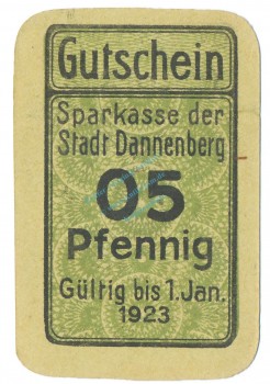Dannenberg , Notgeld 5 Pfennig Schein unc-kfr. Tieste 1285.05.10 NDS o.D. Verkehrsausgabe -4091-