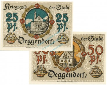 Deggendorf , Notgeld Set 2 Scheine unc-kfr. Tieste 1315.25.15-16 BAY 1918 Verkehrsausgabe -0472-