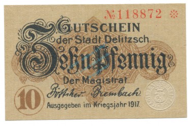 Delitzsch , Notgeld 10 Pfennig Schein unc-kfr. Tieste 1325.15.06 , S 1917 Verkehrsausgabe -4065-