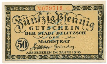 Delitzsch , Notgeld 50 Pfennig Schein unc-kfr. Tieste 1325.15.25 , S 1919 Verkehrsausgabe -4062-