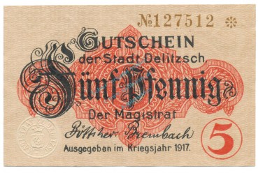 Delitzsch , Notgeld 5 Pfennig Schein unc-kfr. Tieste 1325.15.15 , S 1917 Verkehrsausgabe -4064-