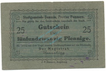 Demmin , Notgeld 25 Pfennig Schein gbr. Tieste 1335.10.10 , POM o.D. Verkehrsausgabe -4129-