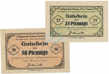 Demmin , Notgeld Set 2 Scheine unc-kfr. Tieste 1335.10.55-56 , POM 1920 Verkehrsausgabe -4127-