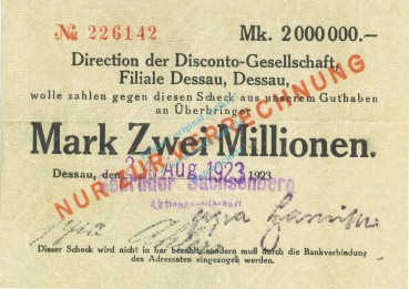 Dessau , Banknote 2 Millionen Mark Scheck unc-kfr. Keller 983.... Anhalt 1923 Inflation