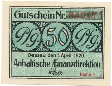 Dessau , Notgeld 50 Pfennig Schein unc-kfr. Tieste 1340.05.11 SA 1920 Verkehrsausgabe -4090-