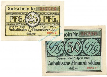 Dessau , Notgeld Set 2 Scheine unc-kfr. Tieste 1340.05.10-11 SA 1920 Verkehrsausgabe -0835-