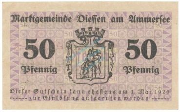 Diessen , Notgeld 50 Pfennig Schein unc-kfr. Tieste 1370.10.01 , BAY 1919 Verkehrsausgabe -4149-