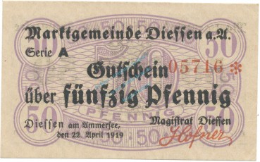 Preview: Diessen , Notgeld 50 Pfennig Schein unc-kfr. Tieste 1370.10.01 , BAY 1919 Verkehrsausgabe -4149-