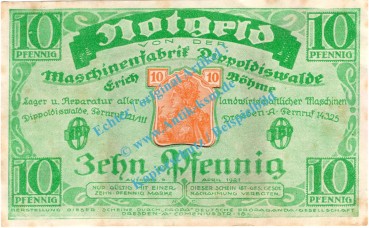 Dippoldiswalde , Notgeld 10 Pfennig Schein in gbr. Tieste 1400.05.01 , Sachsen 1921 Verkehrsausgabe