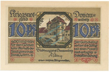 Donauwörth , Notgeld 10 Pfennig Schein unc-kfr. Tieste 1445.10.10 BAY 1918 Verkehrsausgabe -4087-