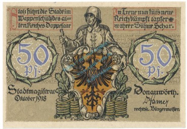 Donauwörth , Notgeld 50 Pfennig Schein unc-kfr. Tieste 1445.10.02 BAY 1918 Verkehrsausgabe -4085-