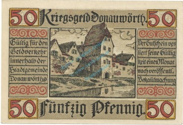 Preview: Donauwörth , Notgeld 50 Pfennig Schein unc-kfr. Tieste 1445.10.02 BAY 1918 Verkehrsausgabe -4085-