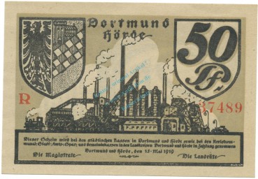 Dortmund , Notgeld 50 Pfennig Schein unc-kfr. Tieste 1465.05.05  , NRW 1919 Verkehrsausgabe -4117-