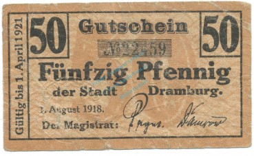 Dramburg , Notgeld 50 Pfennig Schein gbr. Tieste 1470.05.06 , POM 1918 Verkehrsausgabe -4155-
