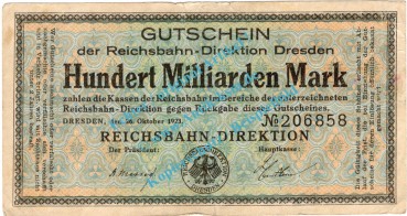 Dresden , Notgeld 100 Milliarden Mark Schein in gbr. Bühn 1197.9 , Sachsen 1923 Inflation