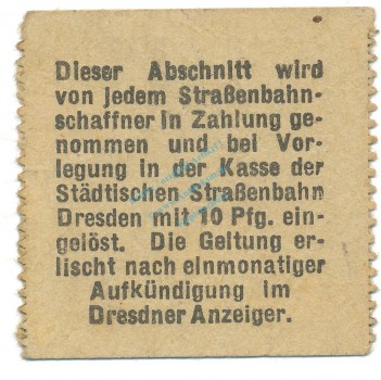 Preview: Dresden , Notgeld 10 Pfennig Schein F-kfr. Tieste 1475.260.01 S o.D. Verkehrsausgabe -4096-