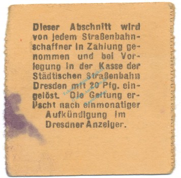 Preview: Dresden , Notgeld 20 Pfennig Schein F-kfr. Tieste 1475.260.15 S o.D. Verkehrsausgabe -4098-