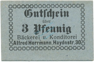 Dresden , Notgeld 3 Pfennig Schein unc-kfr. Ti.1480.20.03 , Sachsen o.D. Verkehrsausgabe