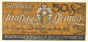 Dresden , Notgeld 50 Pfennig Schein unc-kfr. Ti.1475.255.05 , Sachsen 1917 Verkehrsausgabe