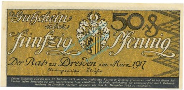 Dresden , Notgeld 50 Pfennig Schein unc-kfr. Tieste 1475.255.01 S o.D. Verkehrsausgabe -4099-