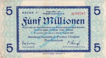 Dresden , Notgeld 5 Millionen Mark Schein in gbr. Keller 1121... von 1923 , Sachsen 1923 Inflation