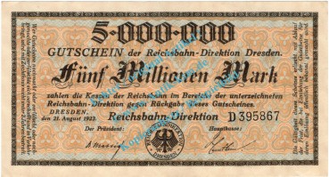 Dresden , Notgeld 5 Millionen Mark Schein in L-gbr. Bühn 1197.6 , Sachsen 1923 Inflation