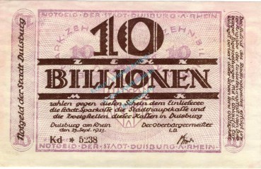 Duisburg , Banknote 10 Billionen Mark Schein unc-kfr. Keller 1179.q , Rheinland 1923 Inflation