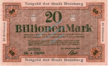 Duisburg , Banknote 20 Billionen Mark Schein unc-kfr. Keller 1179.r , Rheinland 1923 Inflation