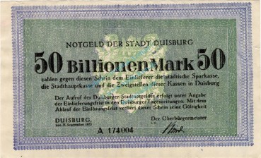 Duisburg , Banknote 50 Billionen Mark Schein unc-kfr. Keller 1179.s , Rheinland 1923 Inflation