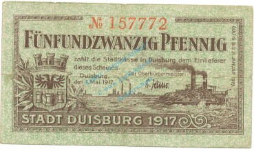 Duisburg , Notgeld 25 Pfennig Schein gbr. Tieste 1540.10.01 , RHL 1917 Verkehrsausgabe -4147-