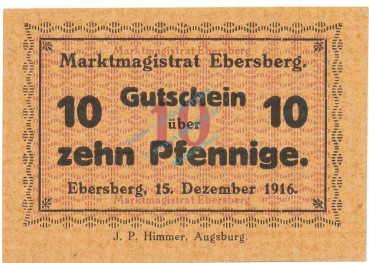 Ebersberg , Notgeld 10 Pfennig Schein unc-kfr. Ti.1560.05.02 , Bayern 1916 Verkehrsausgabe