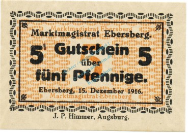 Ebersberg , Notgeld 5 Pfennig Schein unc-kfr. Ti.1560.05.05 , Bayern 1916 Verkehrsausgabe